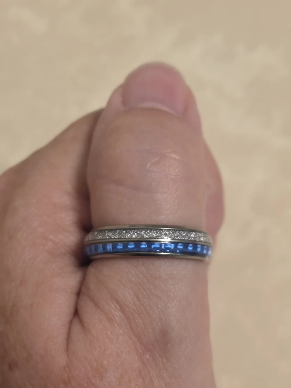 Men's Brushed Silver and Blue Jeweled Ring Band Size 10